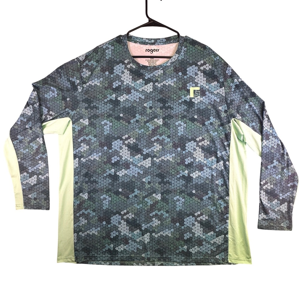 Rogers‎ Performance Shirt Men's XXL Long Sleeve Hex Camo Blue Green Fishing Tee